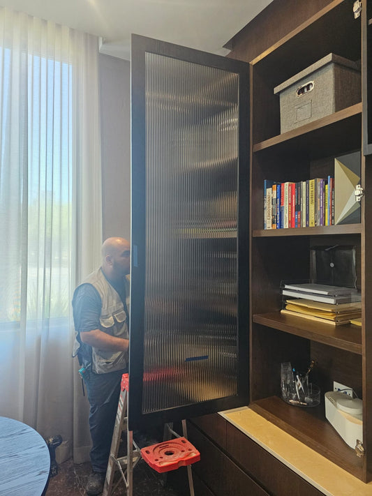 Black-Framed Fluted Glass Cabinet Doors