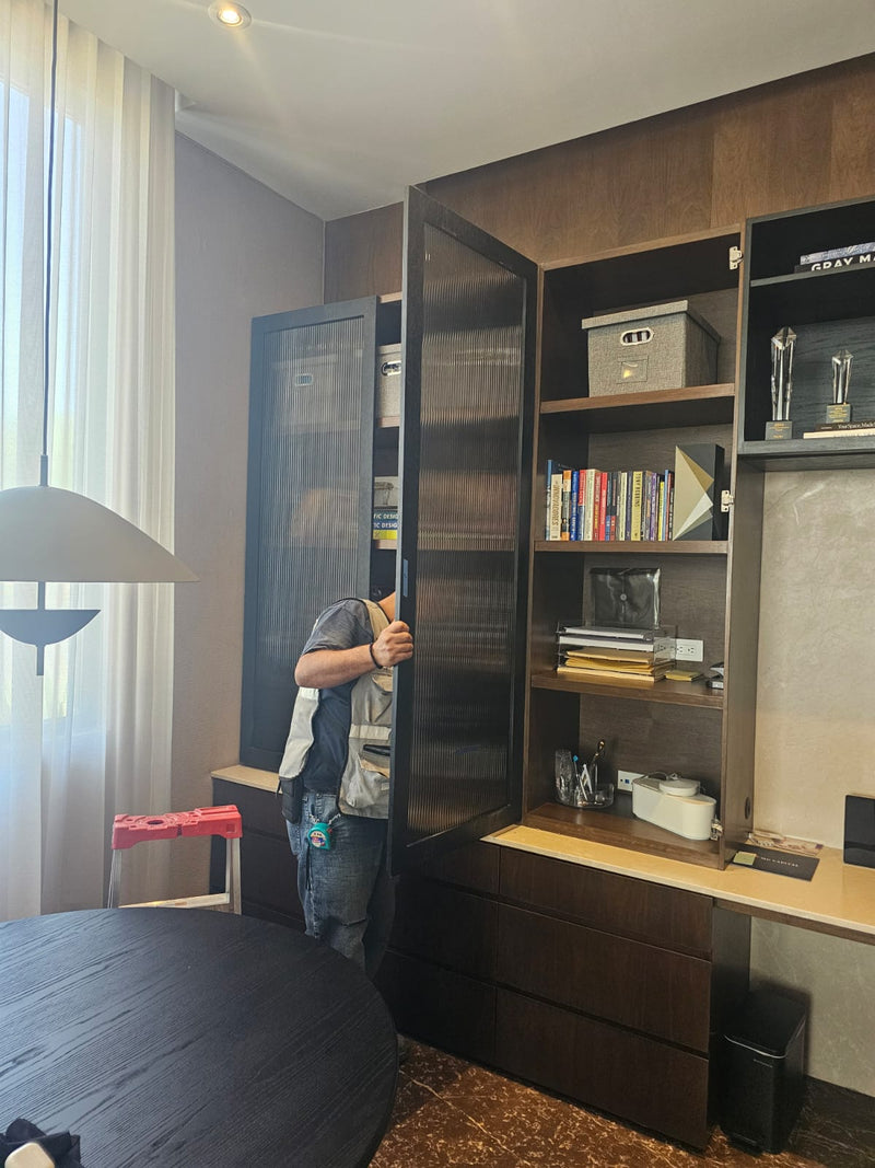 Black-Framed Fluted Glass Cabinet Doors